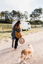 Load image into Gallery viewer, Girl and dog walk towards back of vw kombi with throw rug
